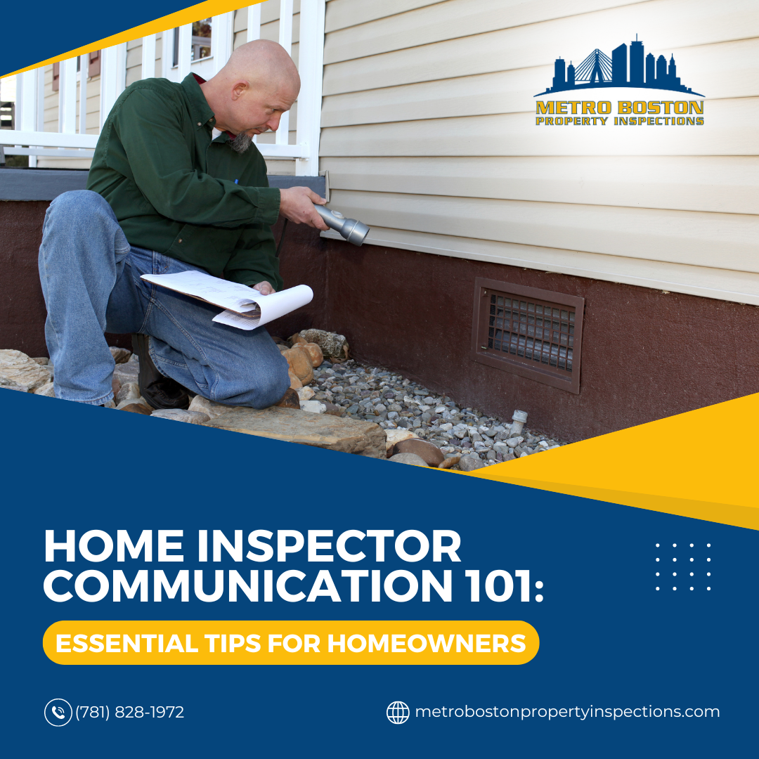A home inspector kneels outside a house, examining the foundation with a flashlight and taking notes, offering essential tips for homeowners.