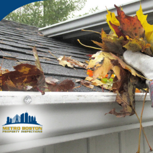 a person wearing a glove and cleaning out a gutter filled with fallen leaves