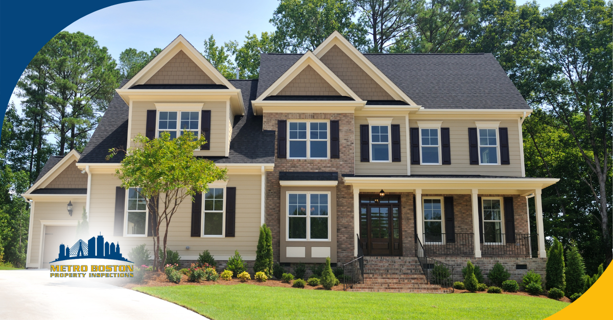 Elegant two-story suburban home with brick and siding exterior