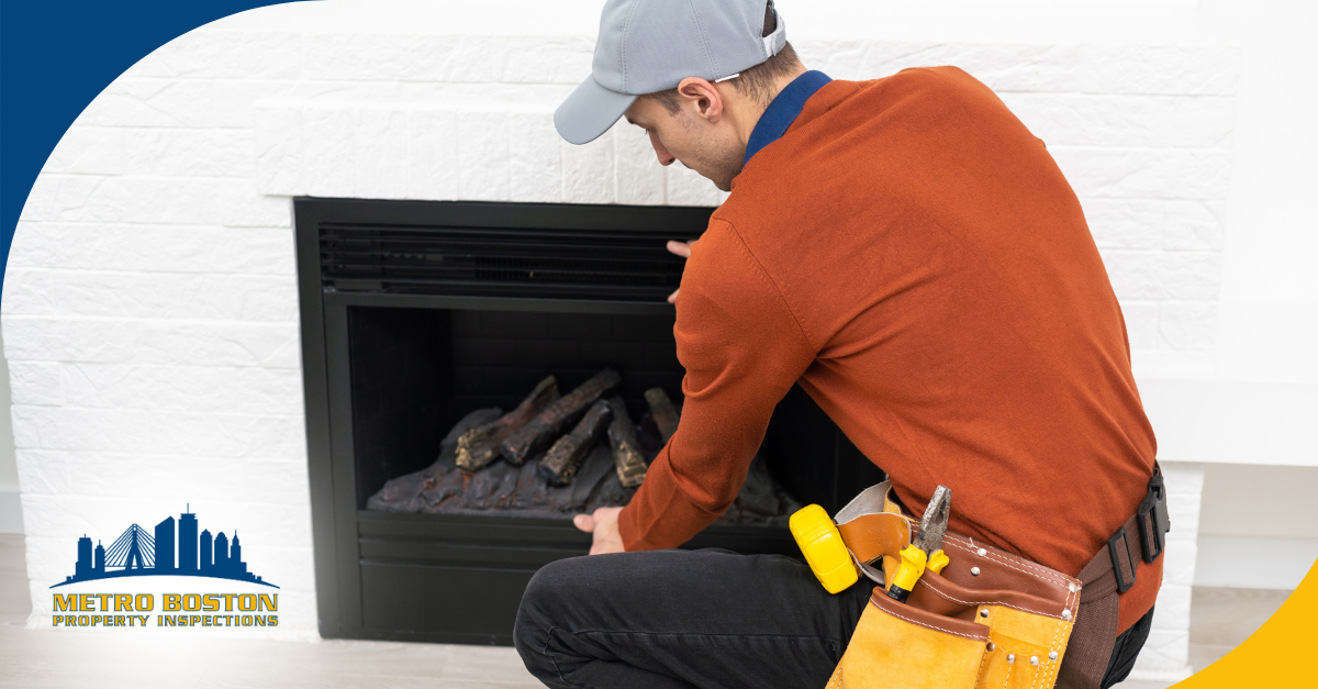 Inspector examining a fireplace for proper functionality and safety.