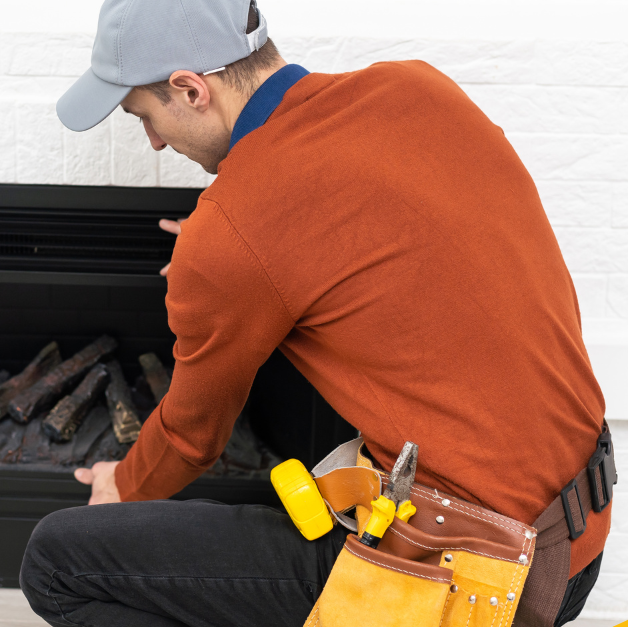 Inspector examining a fireplace for proper functionality and safety.