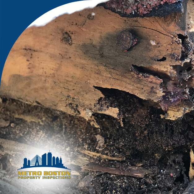 Advanced wood rot and termite damage uncovered during home inspection in Boston.