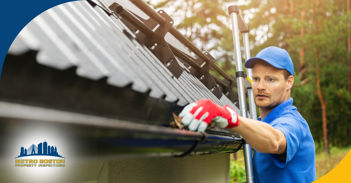 Worker clearing leaves from a house gutter.