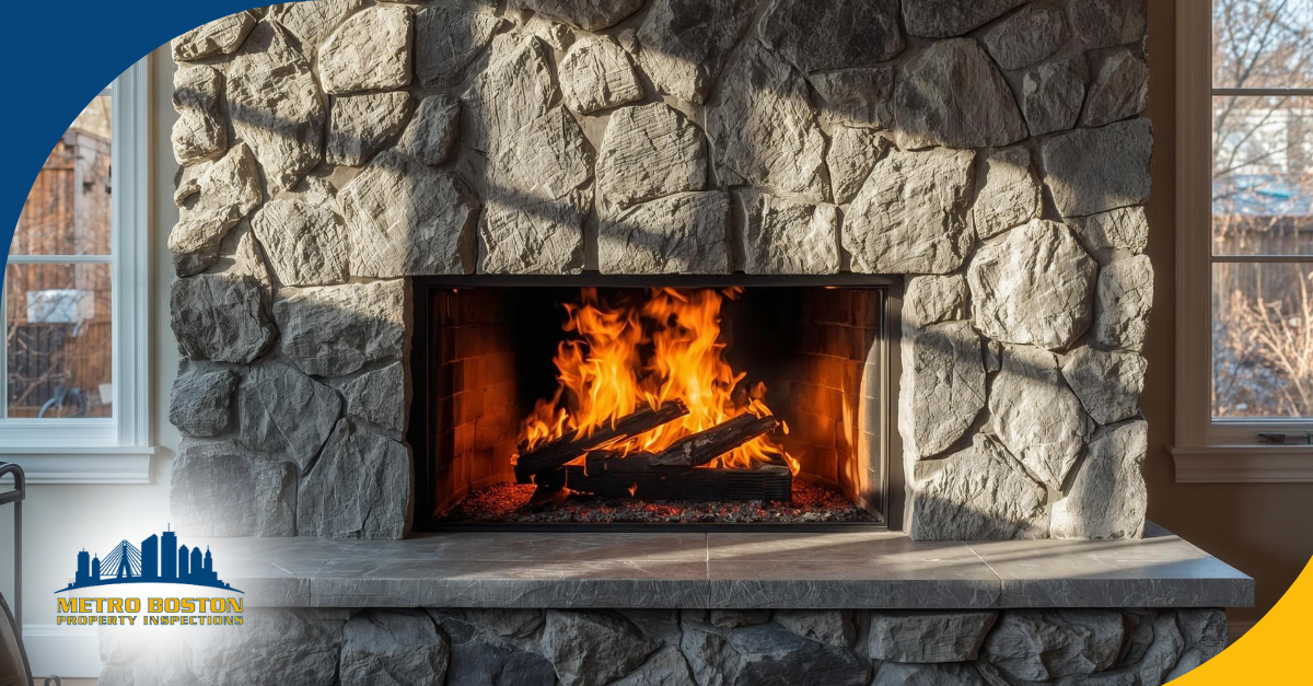 Stone fireplace with a bright fire burning inside.