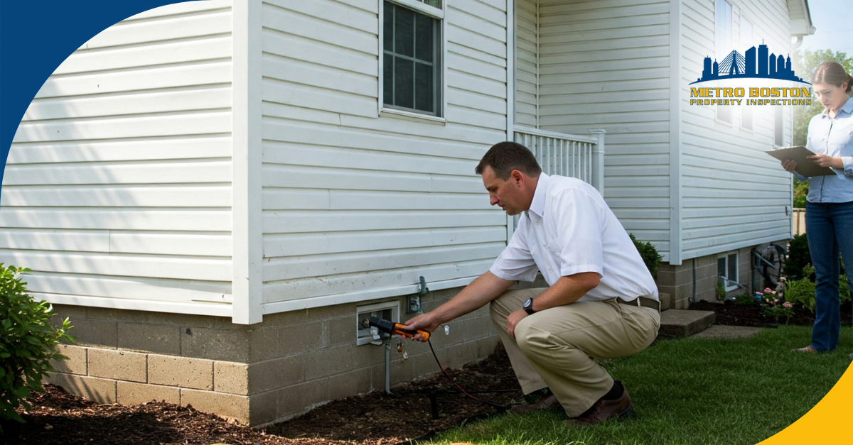 Home inspector testing exterior electrical outlet