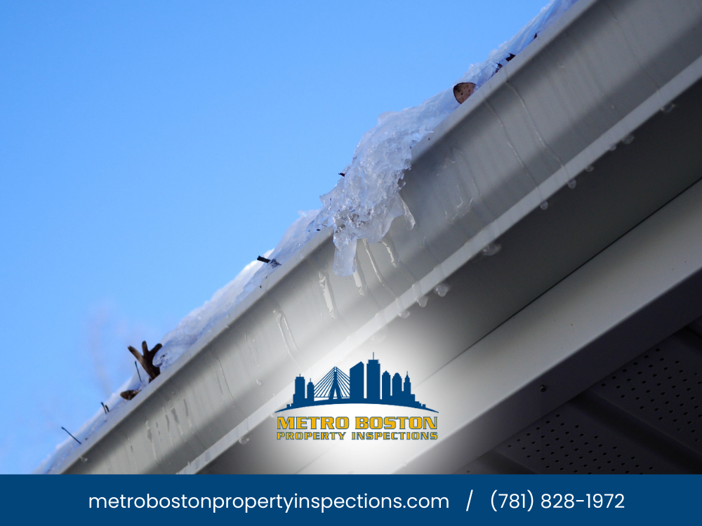 Roof with icicles forming along the gutter.