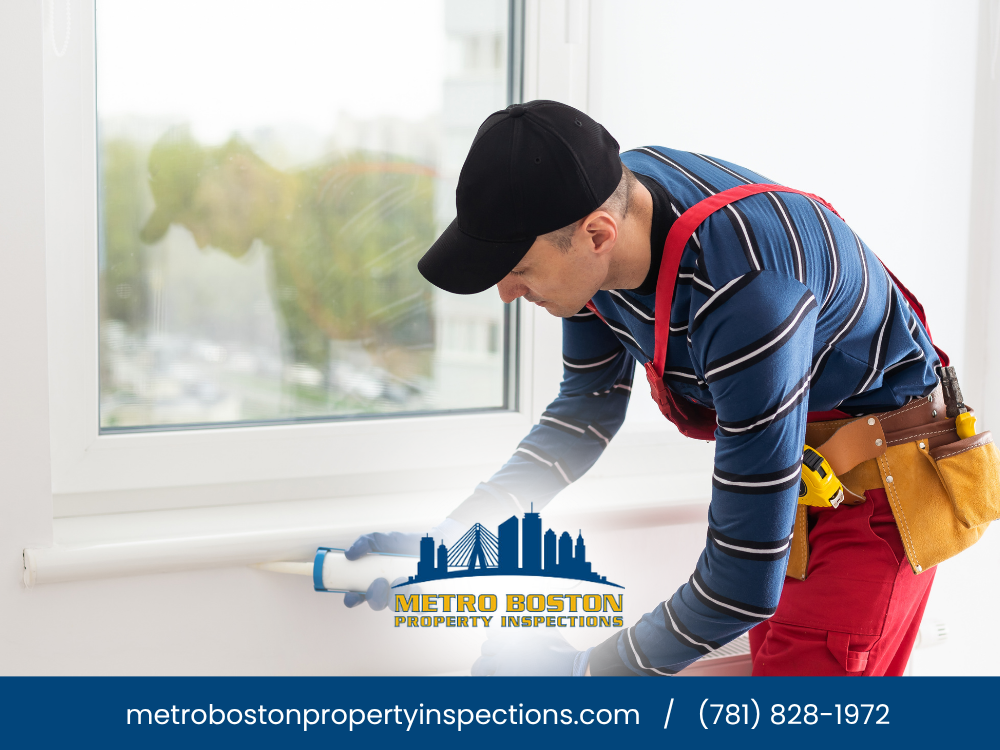 Property inspector applying caulk around a window for a home inspection in Metro Boston.