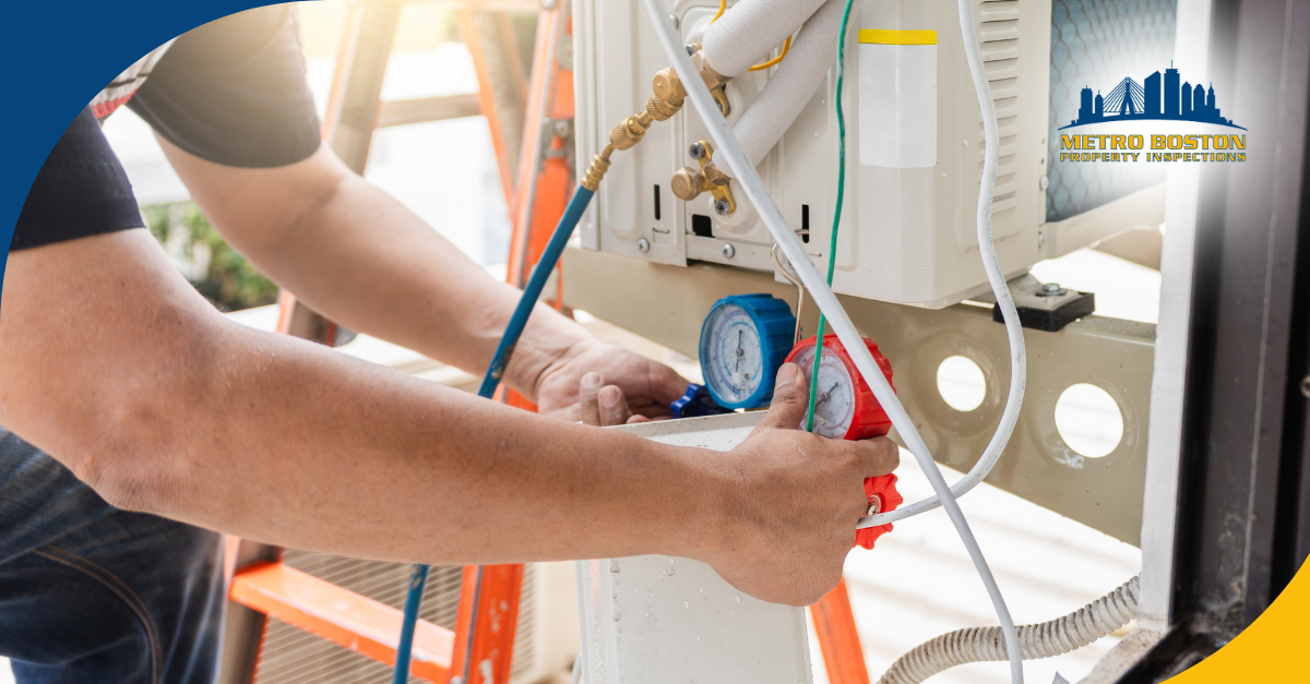 Close-up of HVAC system gauges during professional inspection and service in Metro Boston.