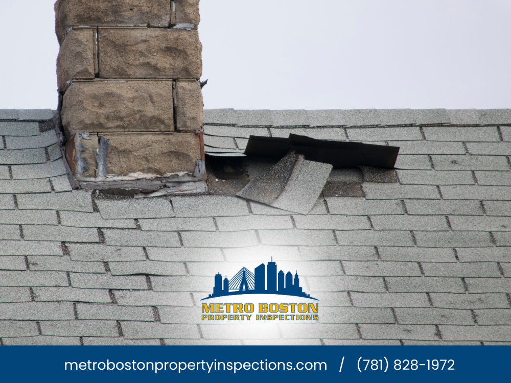 Damaged roof shingles around a chimney.