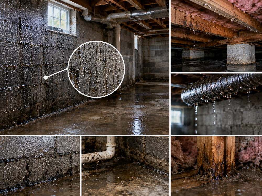 Crawl space inspection showing moisture intrusion, water damage, and condensation concerns.